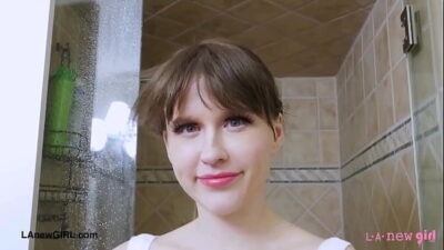 Fresh- faced blonde took a shower