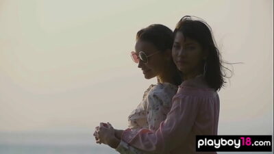 Petite lesbian asian teen Cara Pin and naked Czech GF watching the sunset