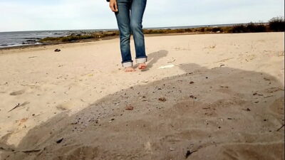 walk on the beach ends with an insertion in the cock, brunette, big ass, busty, big cock, man in underwear